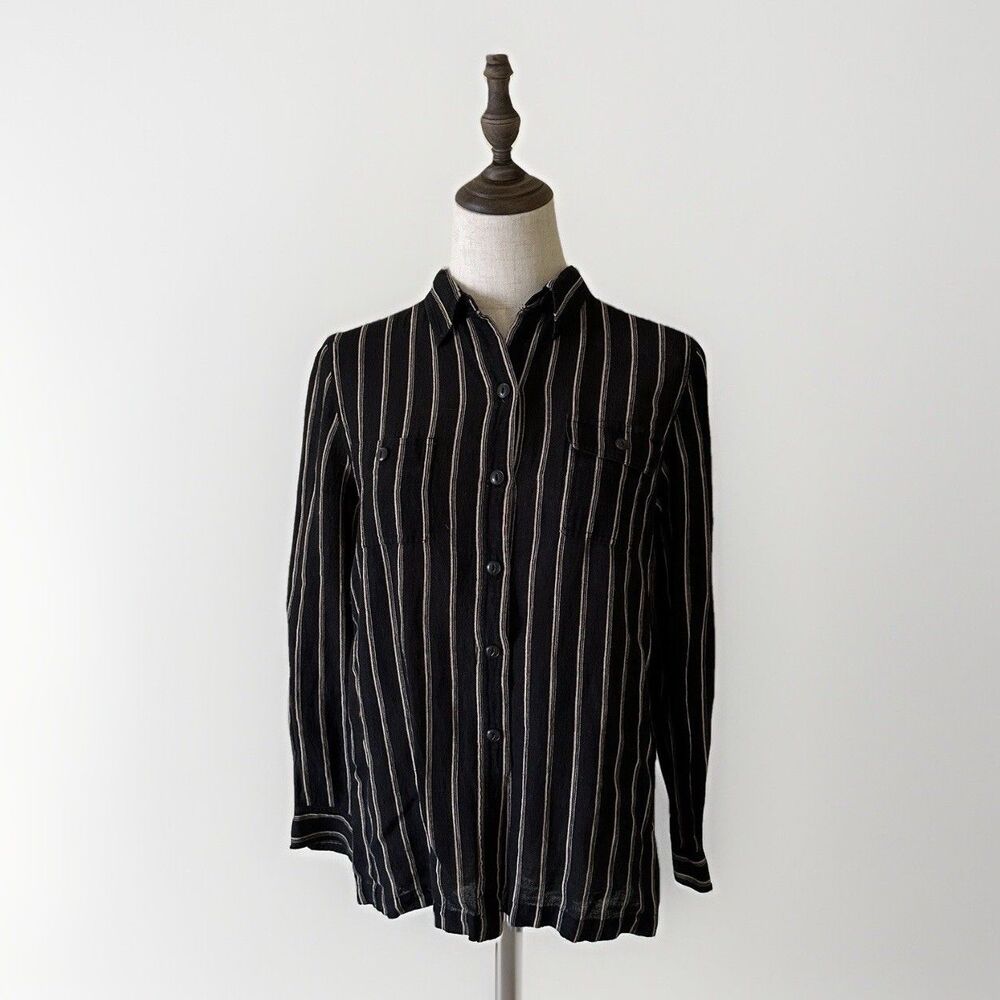 Lauren Ralph Lauren Petite P/L Silk Linen Blouse Black Beige‎ Stripe Button Down